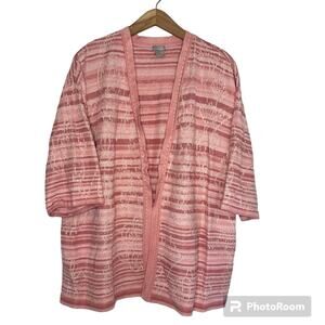 Chico’s Size 3 (XL) Pink Stripe Embroidered Open Front Valentines Day Cardigan